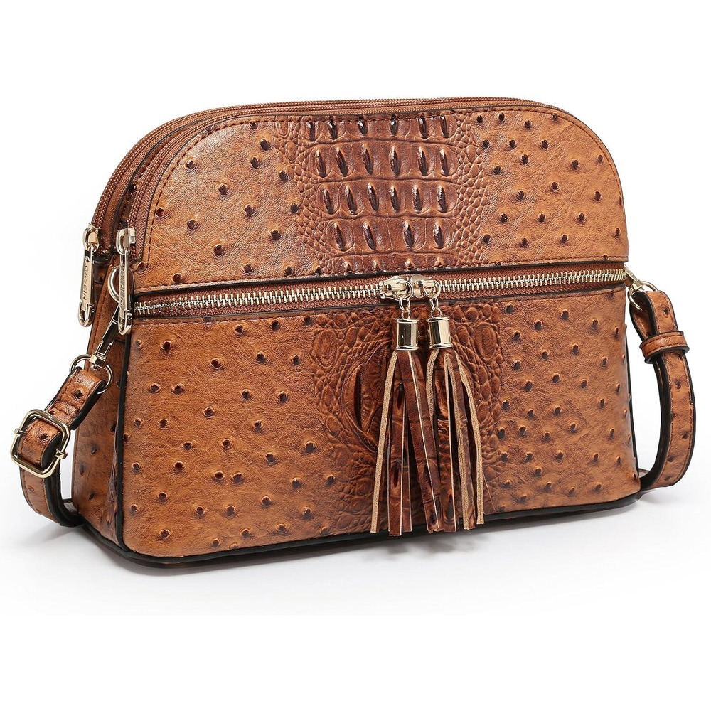 Dasein Womens Cognac Brown Ostrich Croc Embossed Tassel Dome Crossbody Bag